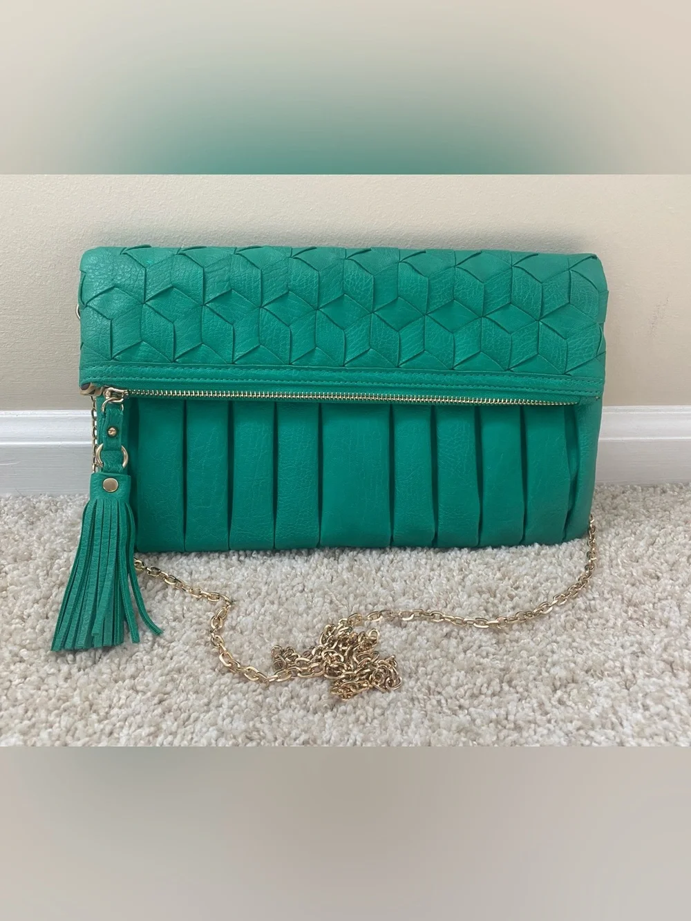 Fold-Over Tassel Clutch with Gold Chain crossbody